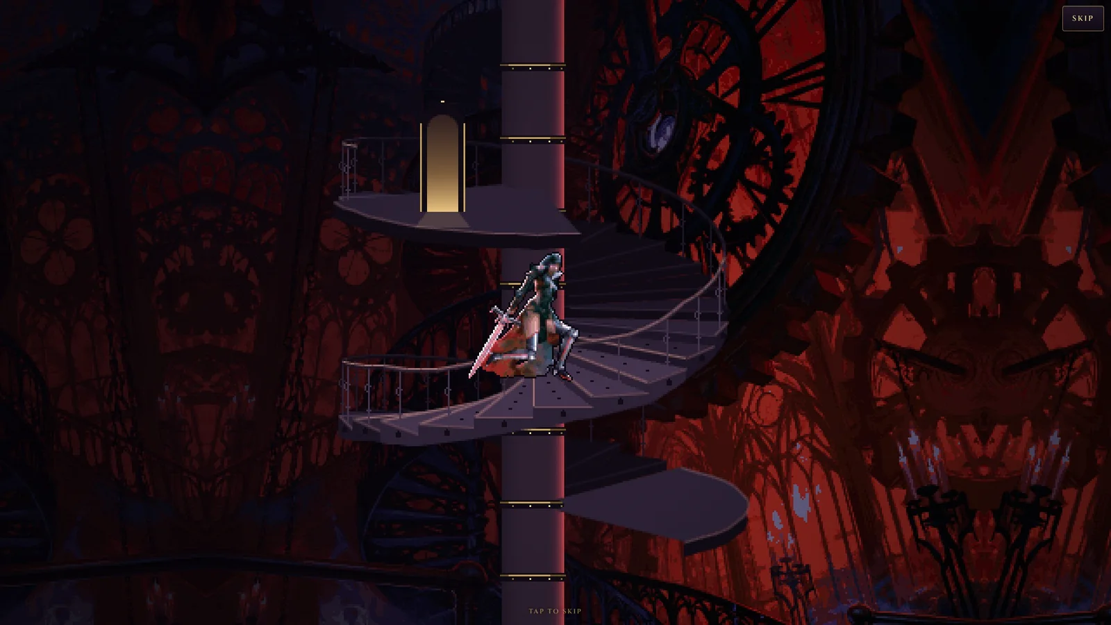 She runs the iron spiral stair through the Clocktower, red gears turning in the dark