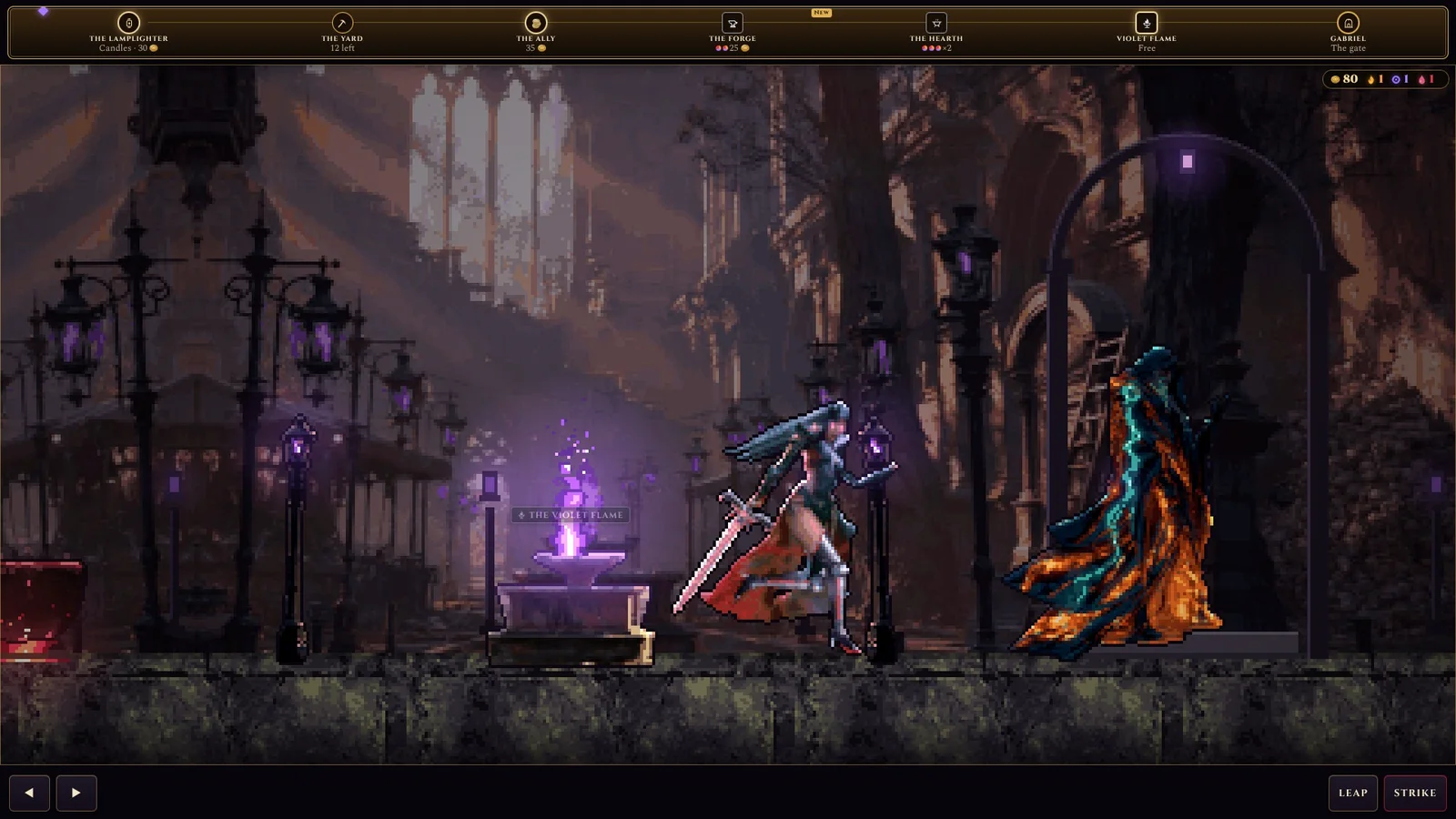 A side-scroll sanctuary street: gas lamps, a violet flame shrine and a cloaked figure by the gate