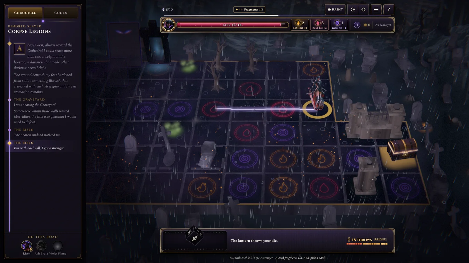 The Graveyard board under rain: tombstones, a crypt chest and her road lit through the dark