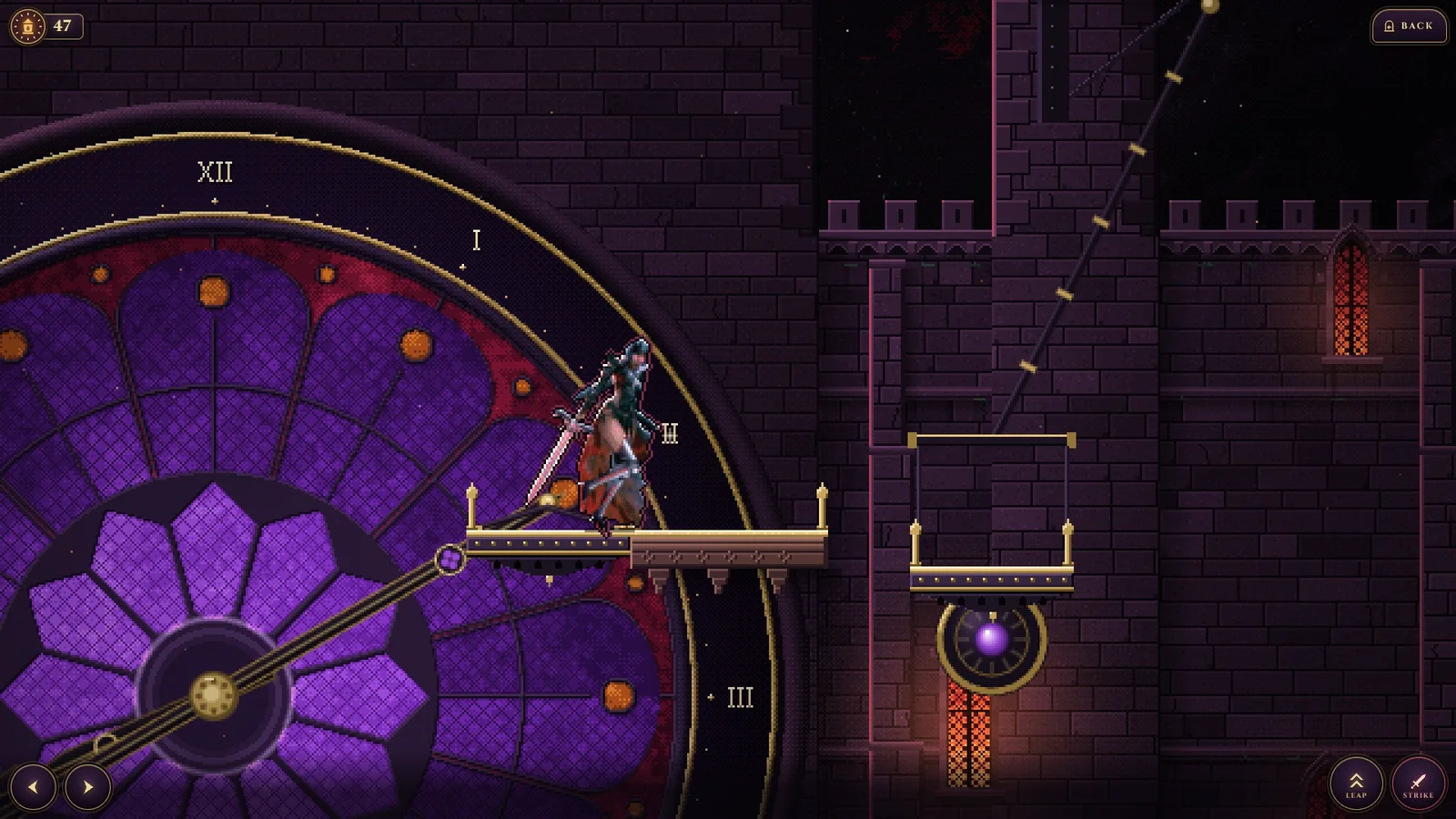 A side-scroll passage on the great violet clock face: she lands on a ledge beside the hands