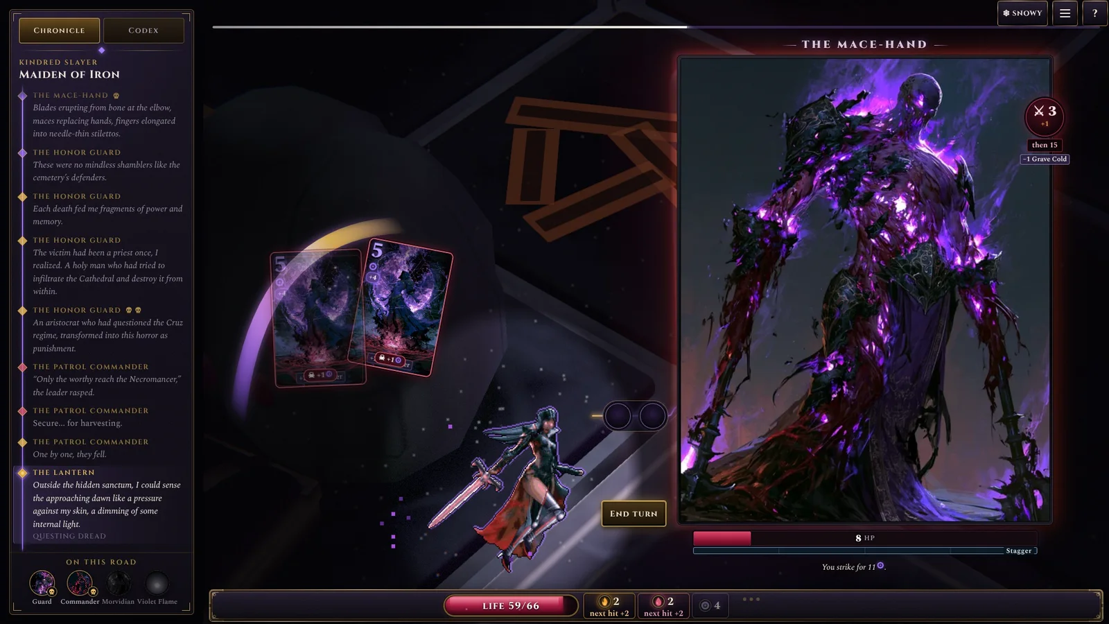A fight against the Mace-Hand, a giant in violet fire, as she lunges in with her blade